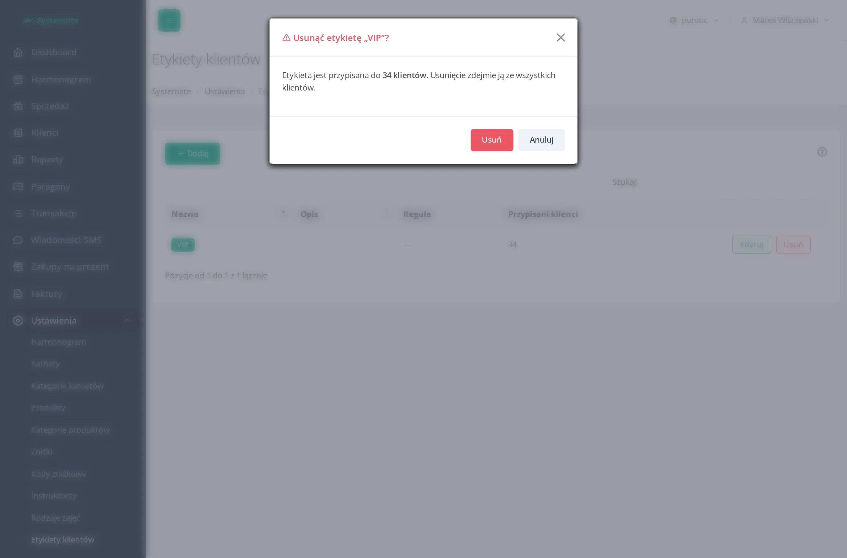 Confirmation for deleting a tag assigned to customers