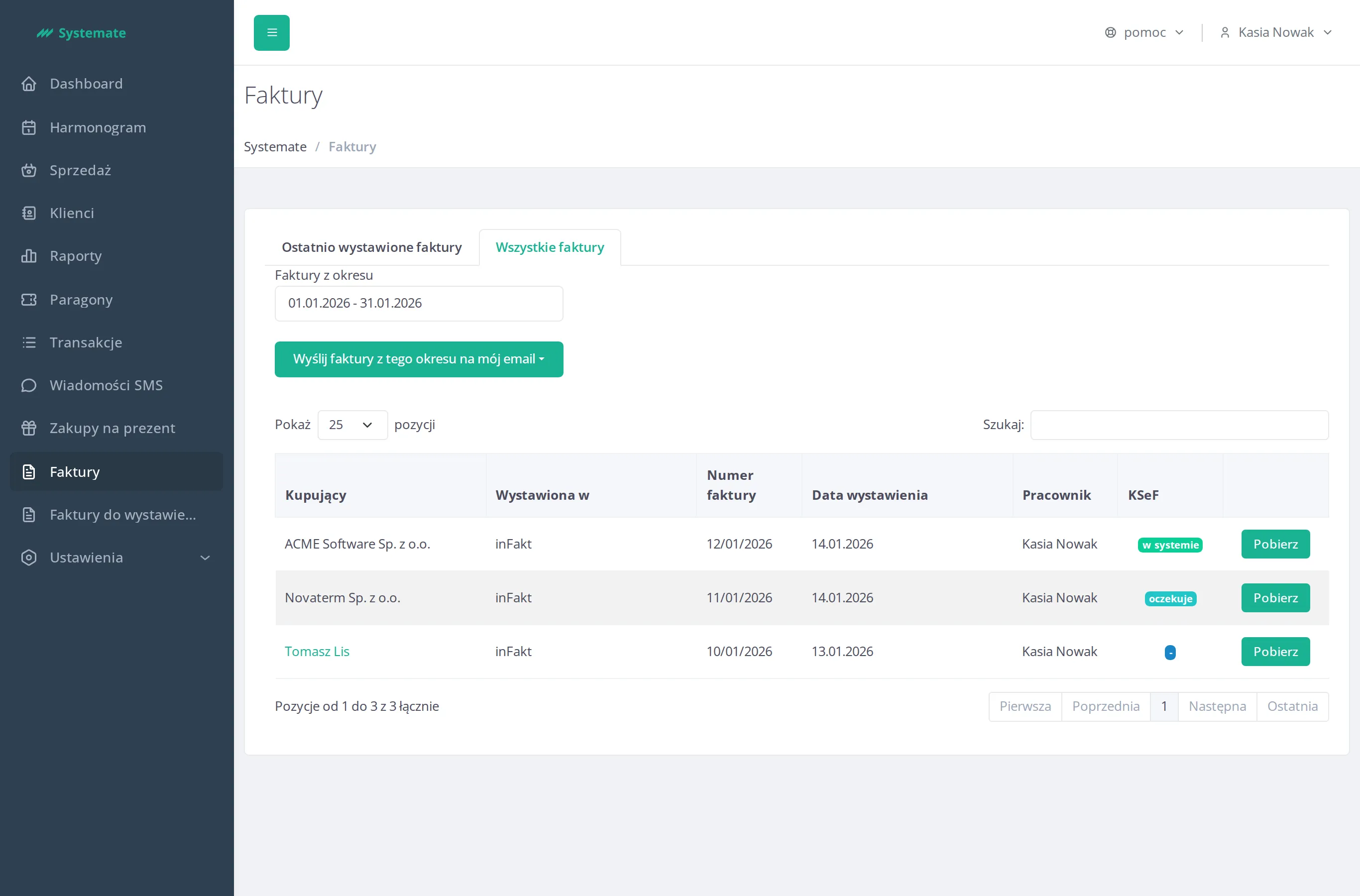 All invoices tab with the KSeF status column
