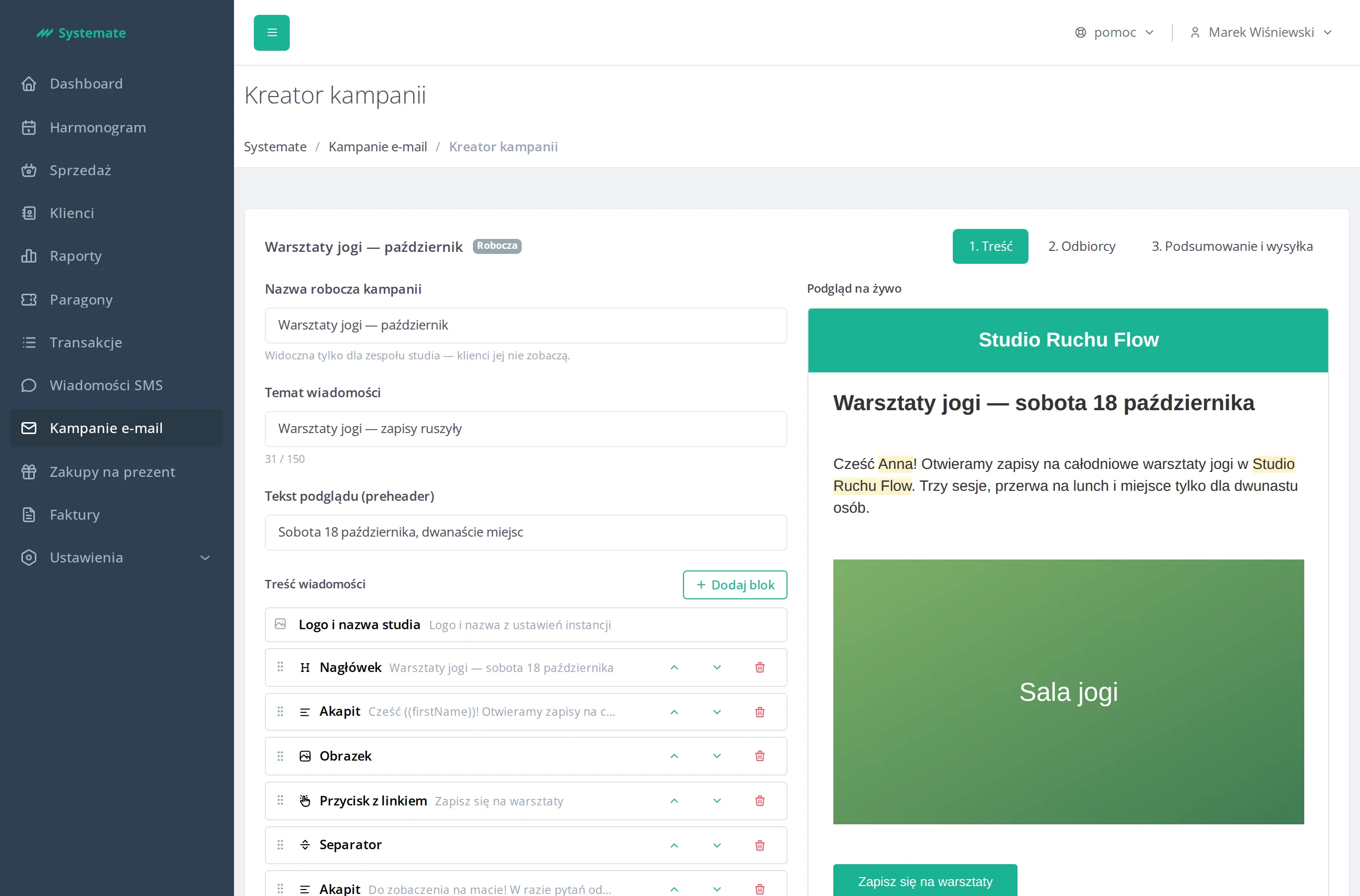 The campaign creator’s Content step with the block list and the live preview