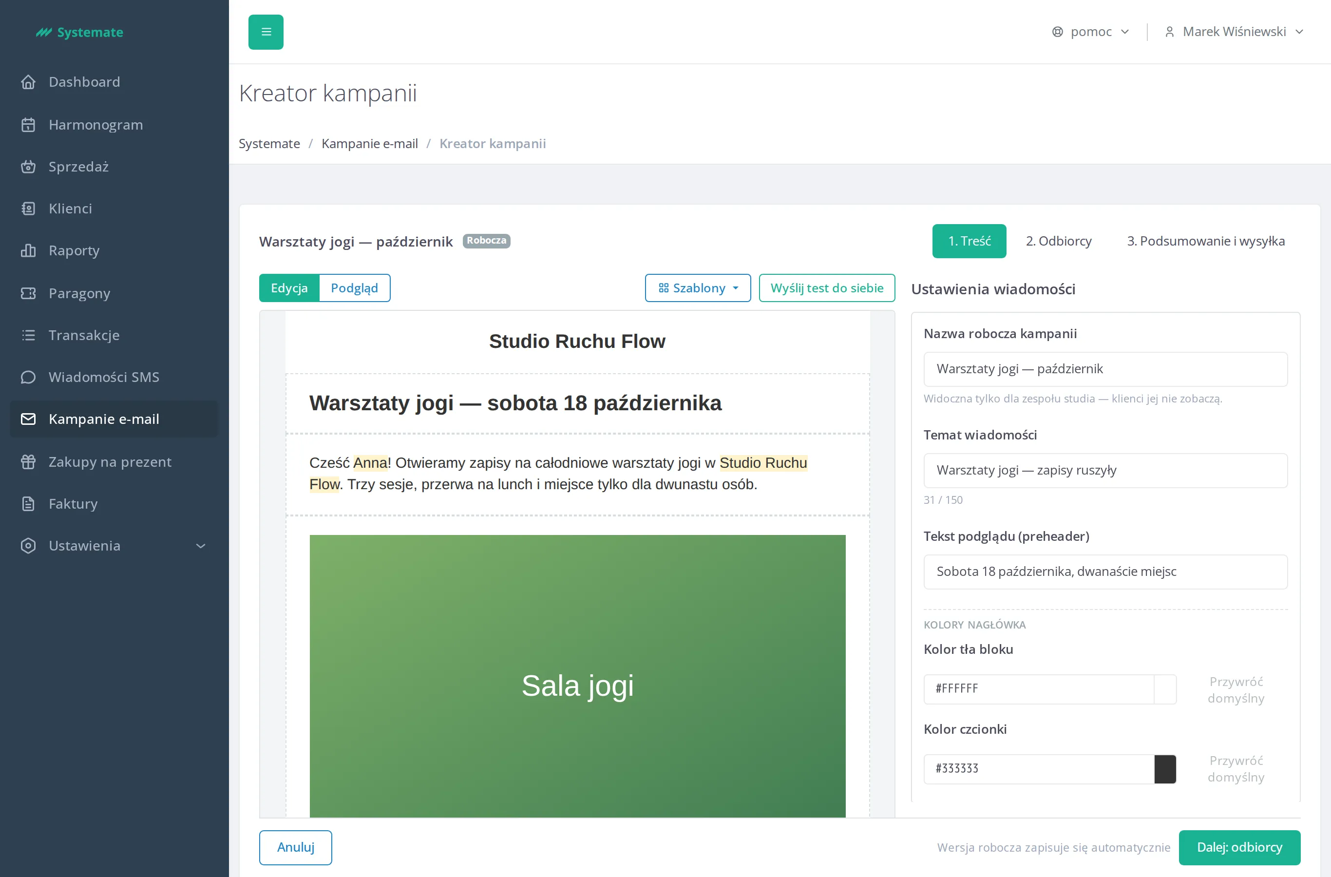 Kreator kampanii z blokami treści i podglądem wiadomości