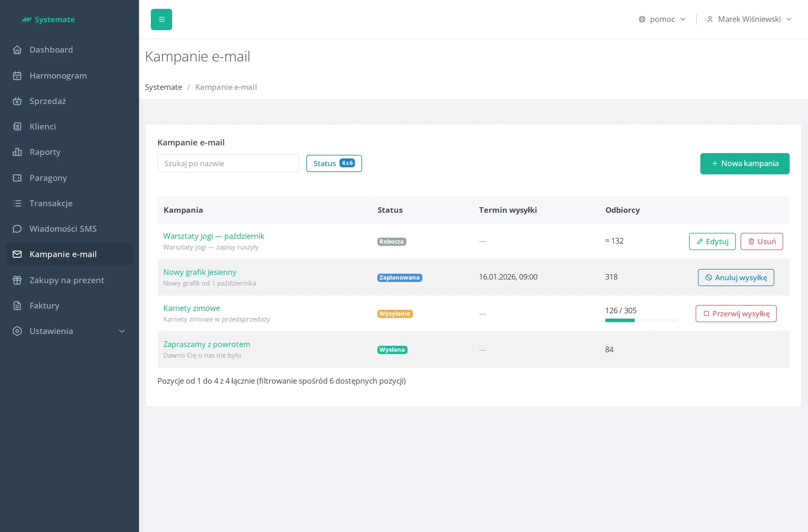 The email campaign list with statuses and recipient counters