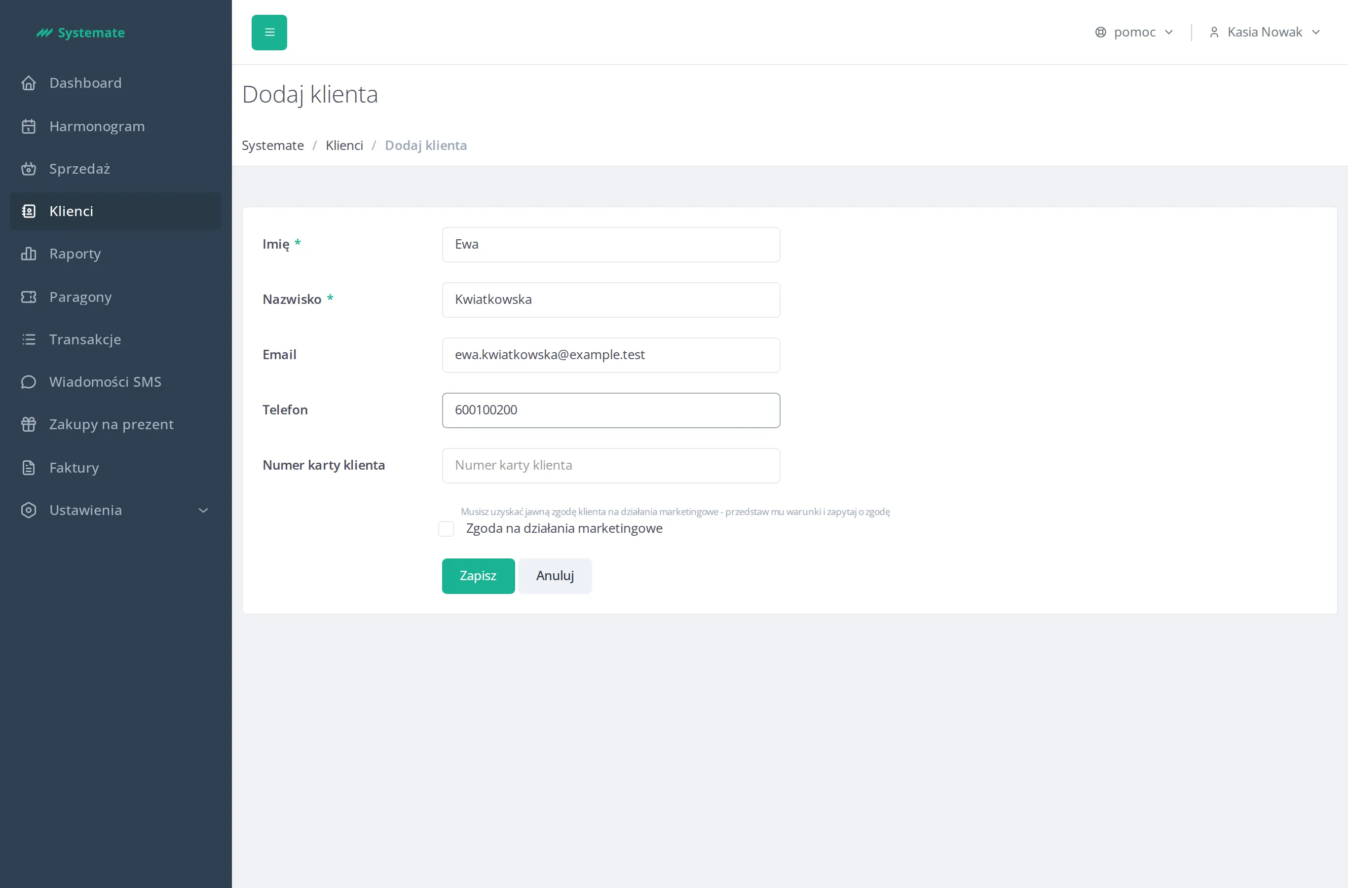 New customer form in the office panel