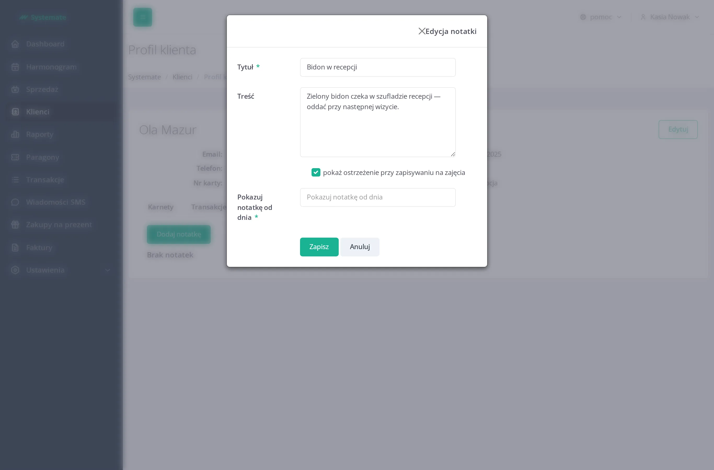 Add-note form on a customer profile