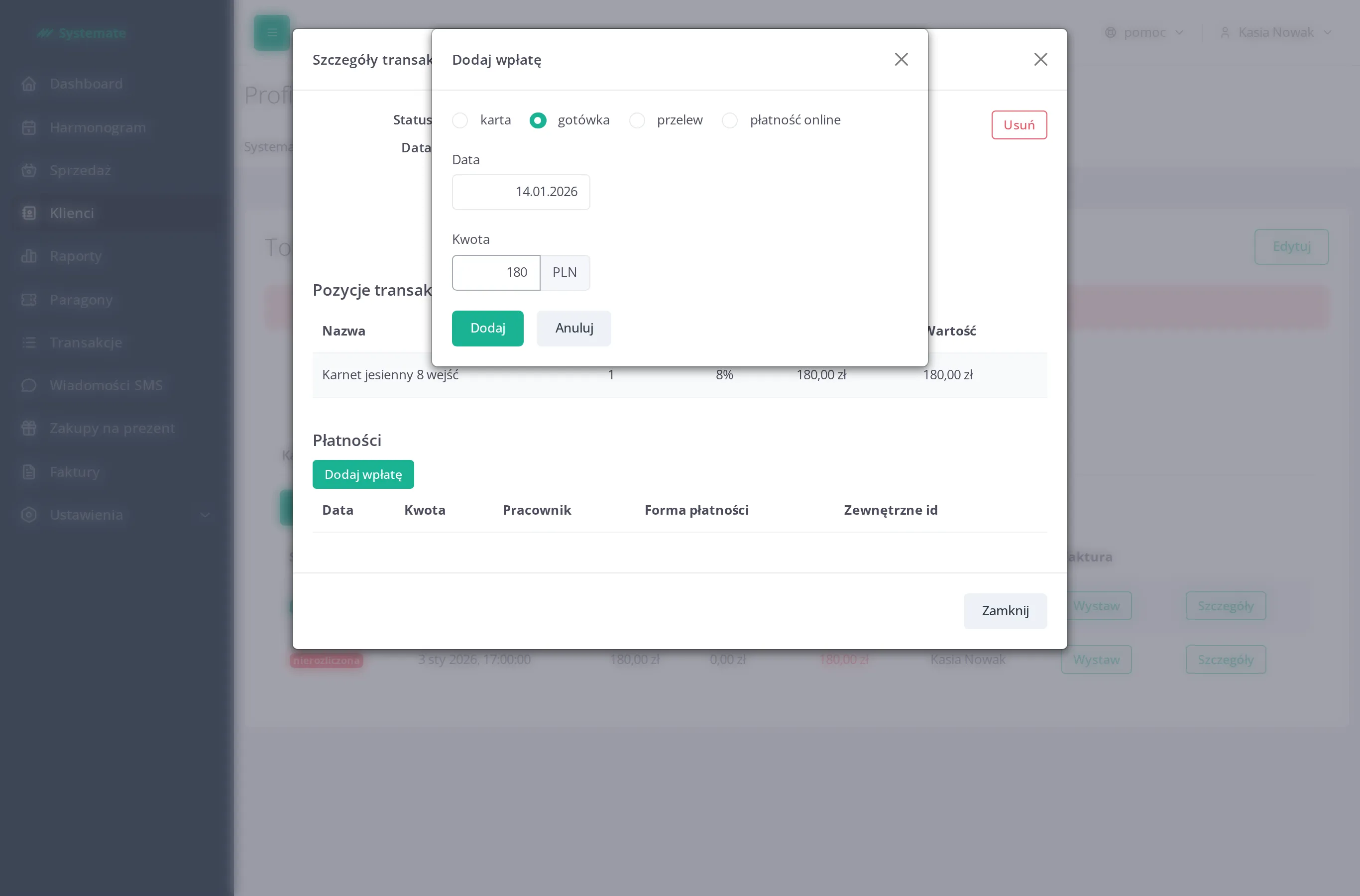 Add-payment form on a customer profile