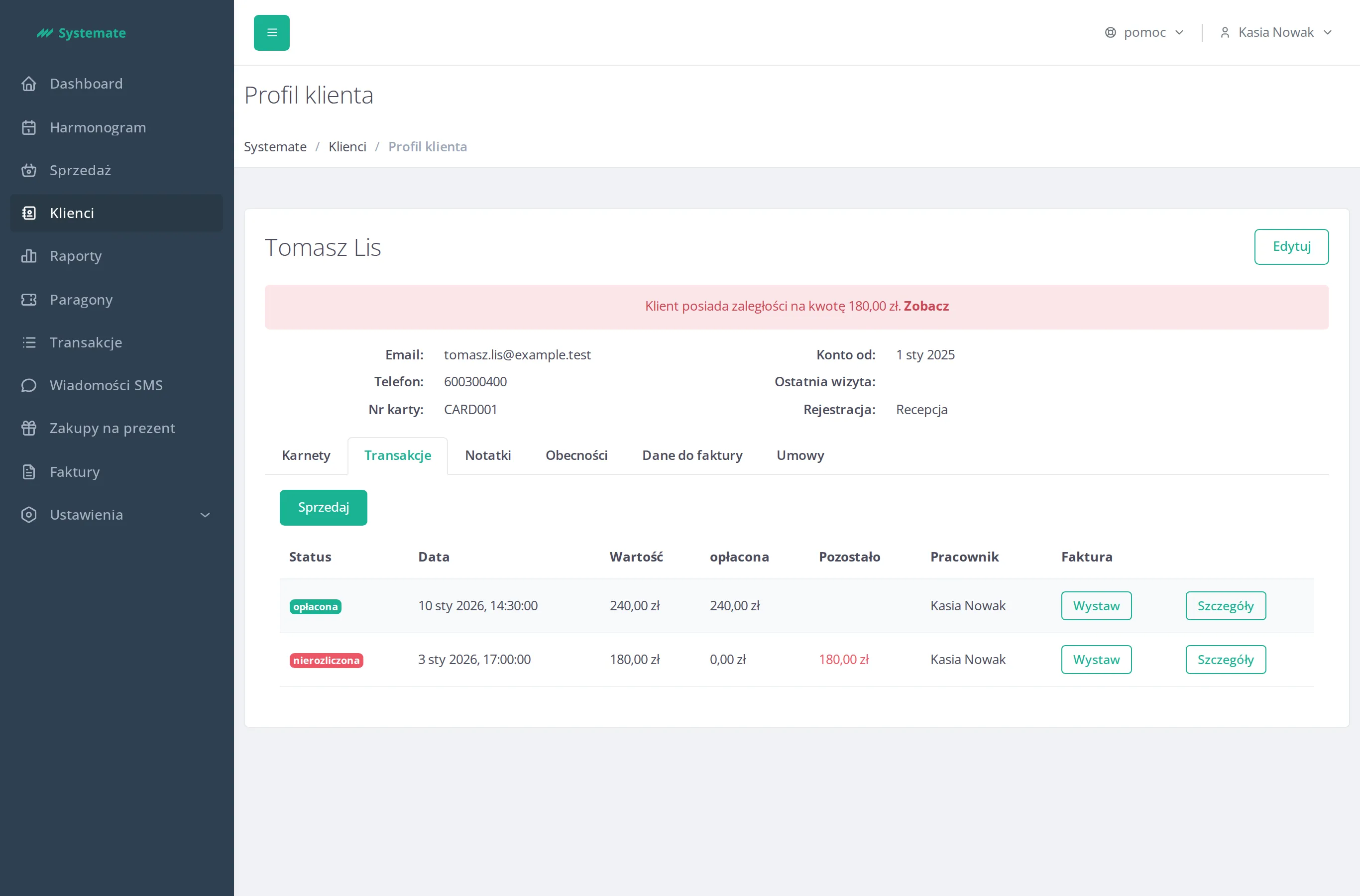 The Transactions tab on a customer profile