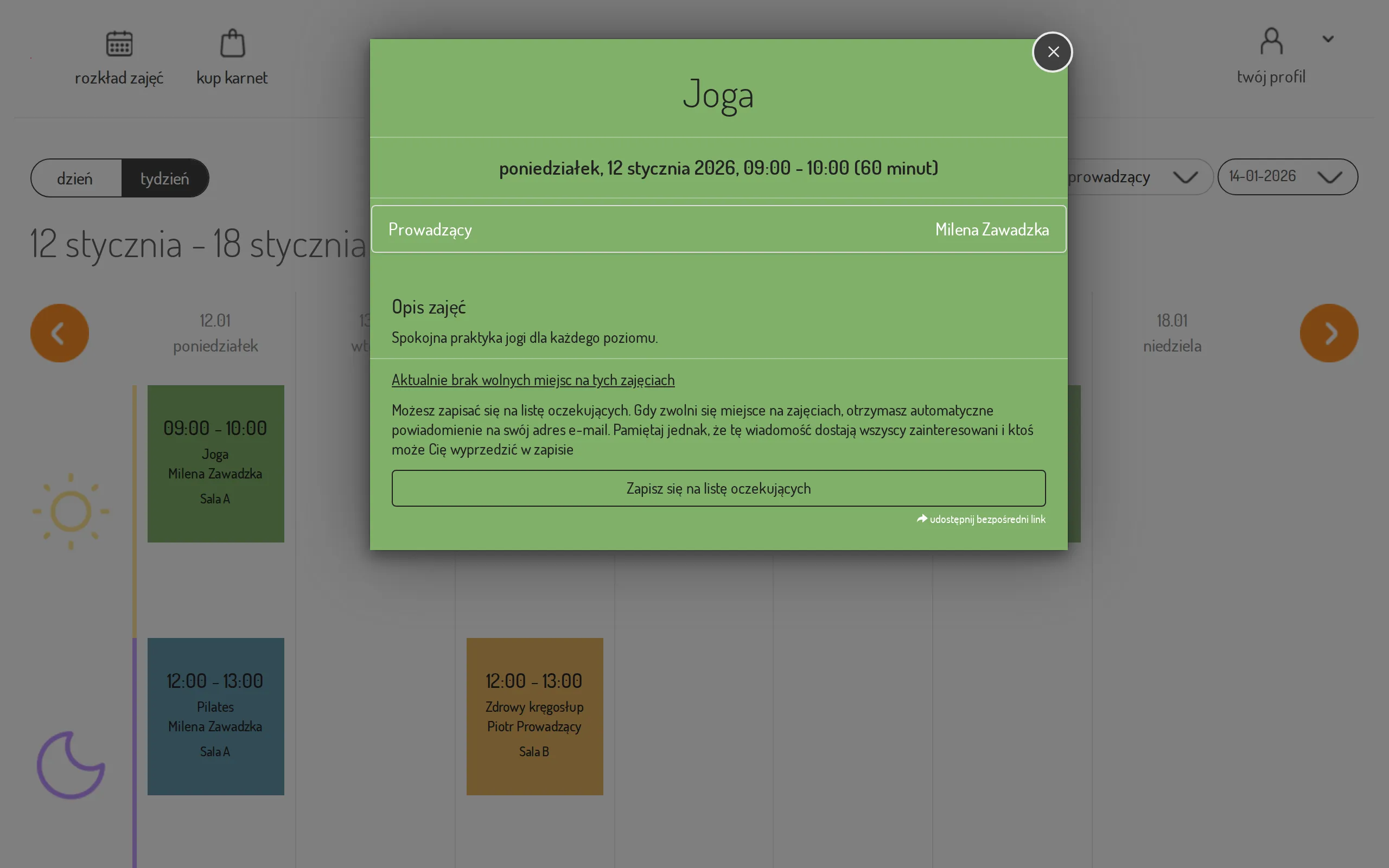 Details of a full class with the waiting-list button