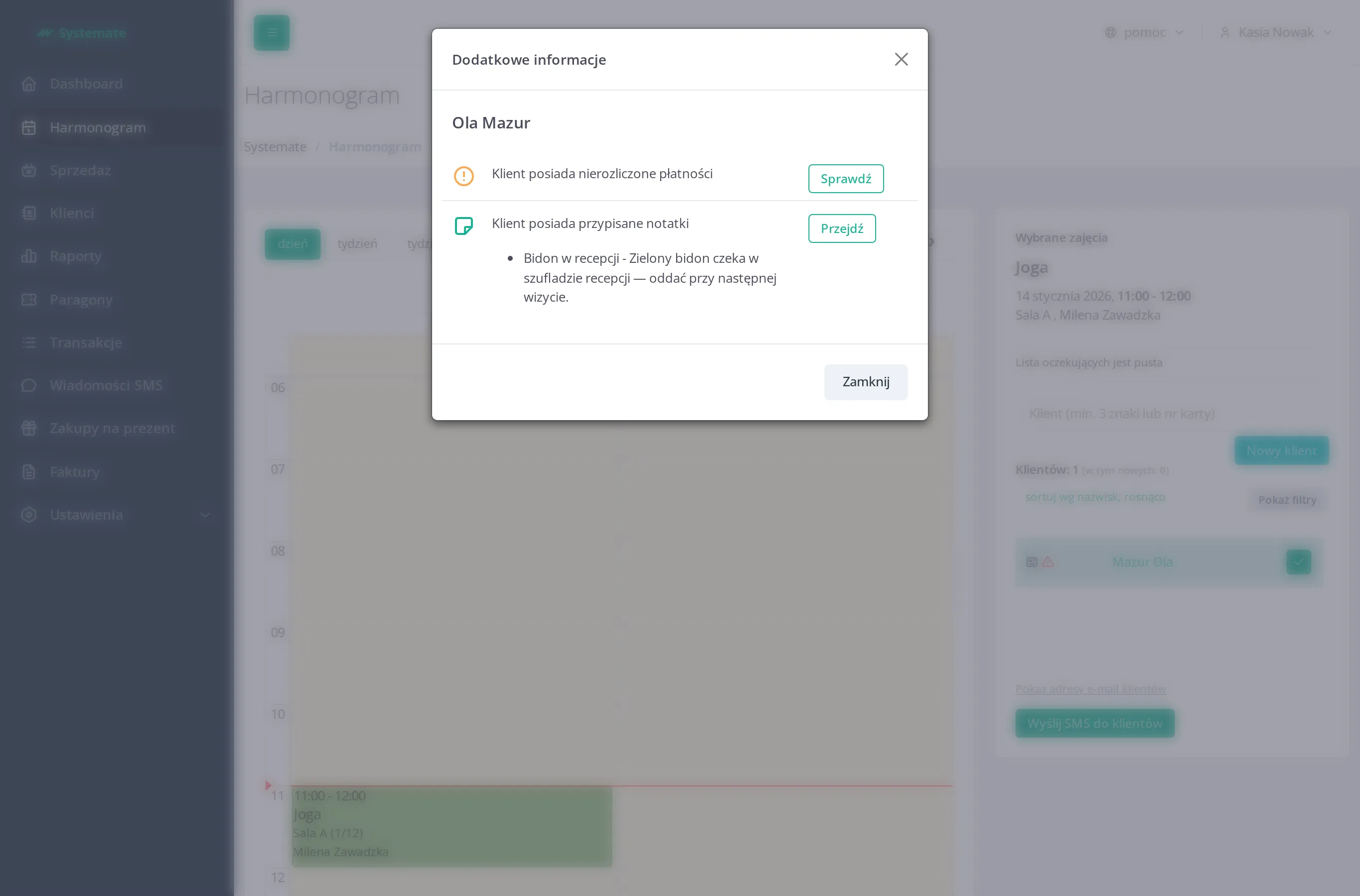 Additional information window with warnings when confirming a customer