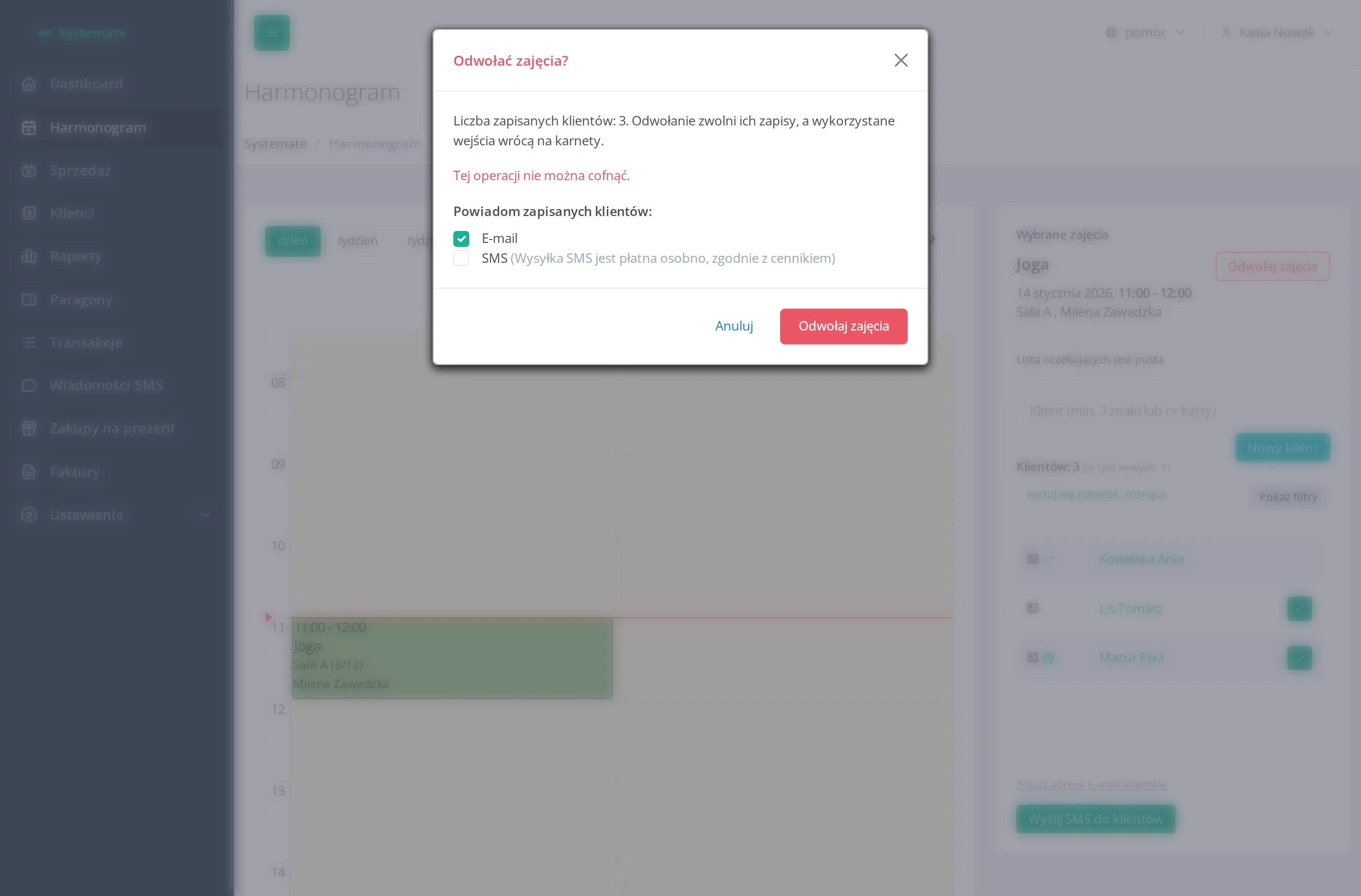 The cancellation confirmation opened from the attendance list