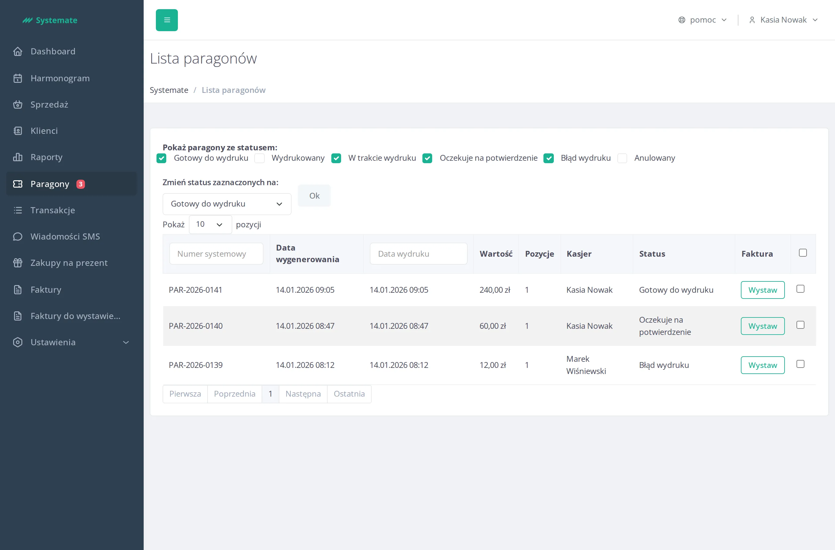 Receipts list with the status filter