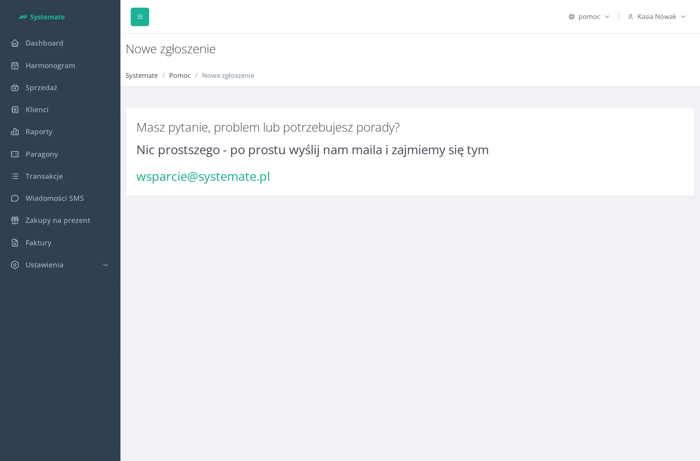 The Help page with the support address