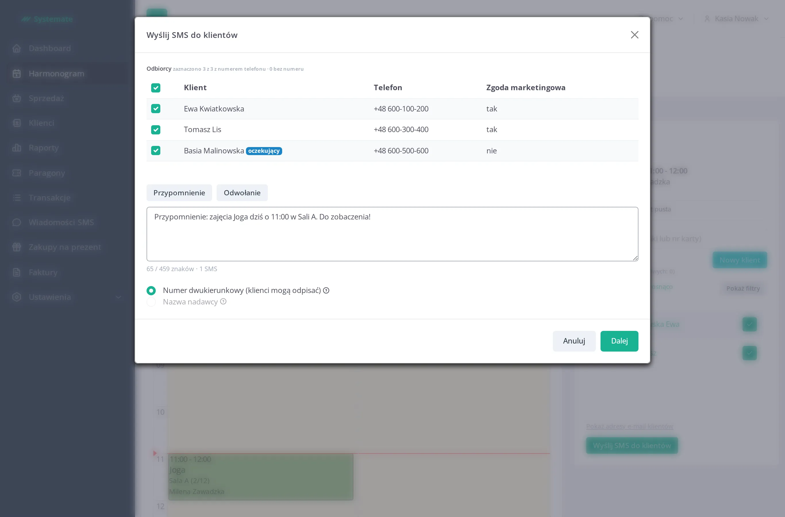 Send SMS dialog opened from the attendance panel