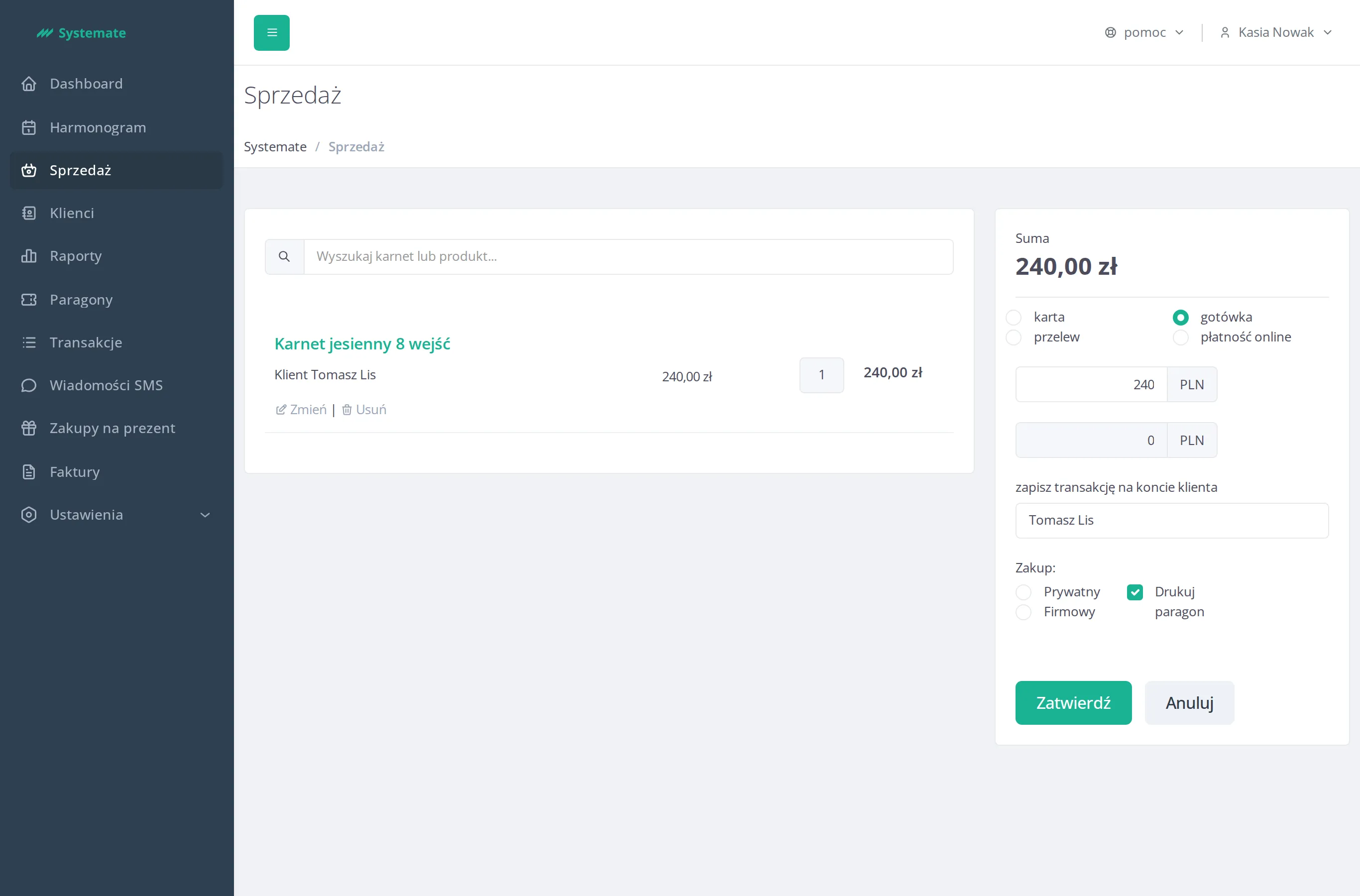 Sale view with a pass in the order and the payment section