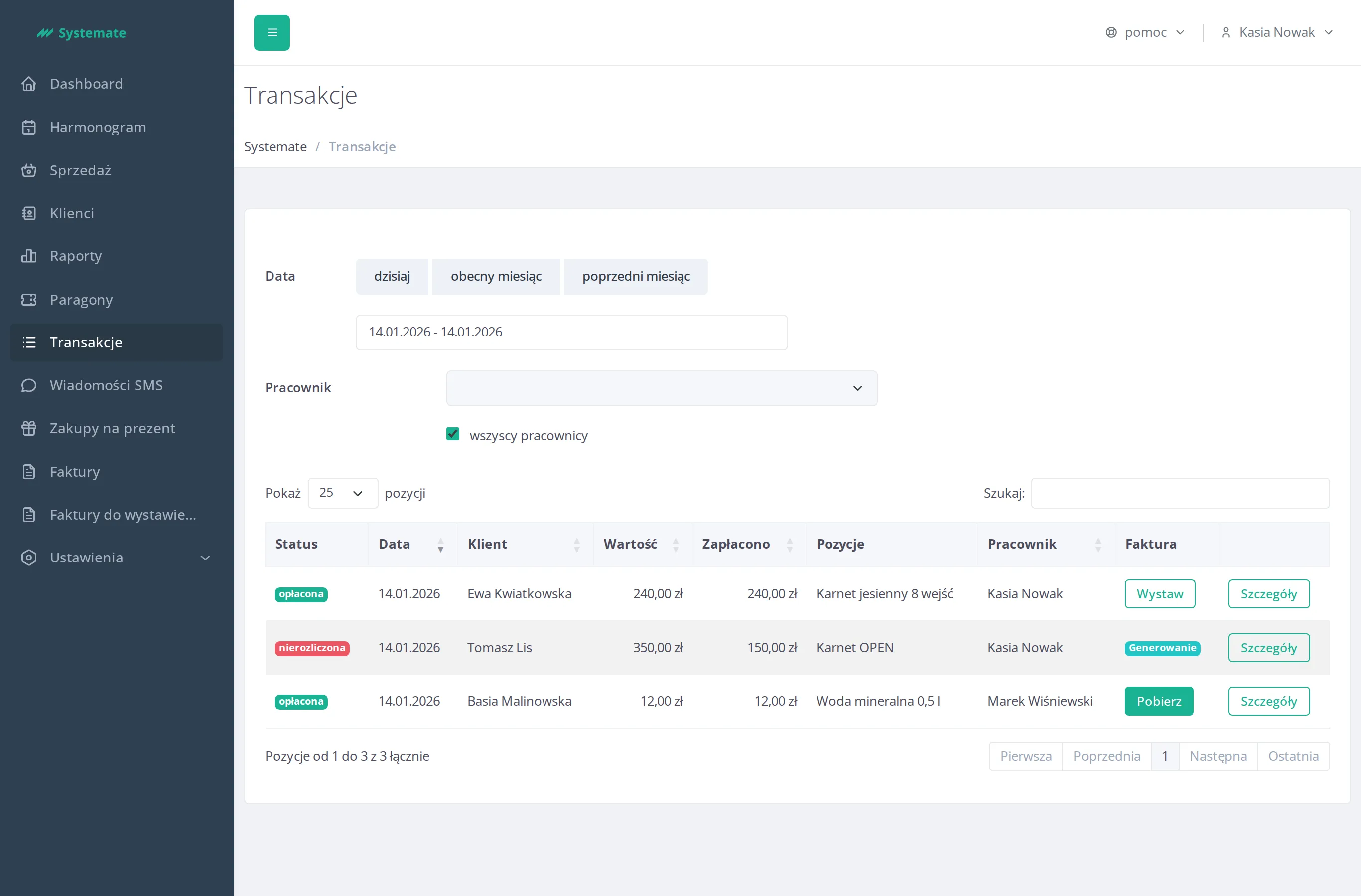 Transactions ledger with the sales list