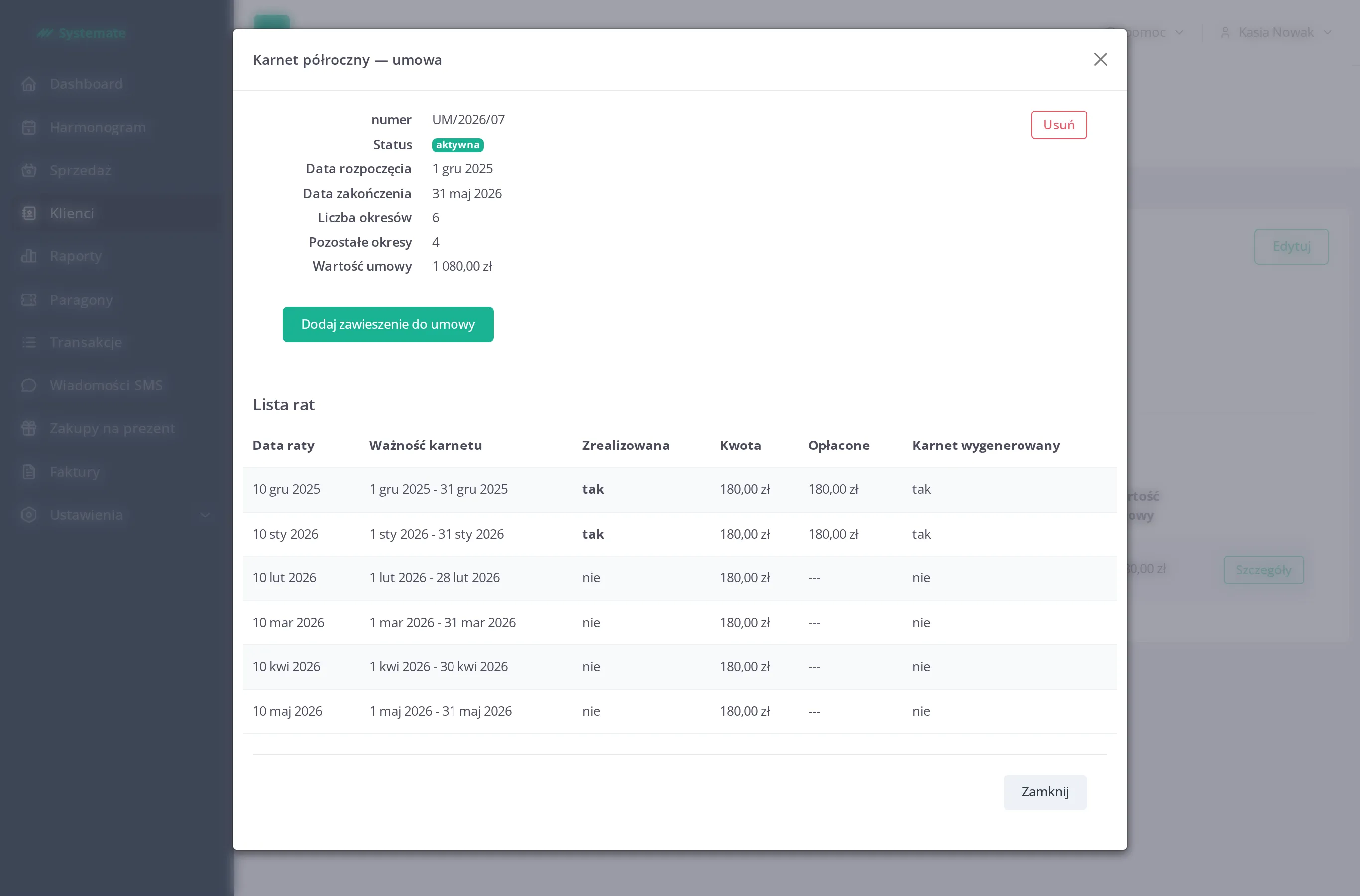 Contract details with the installment list