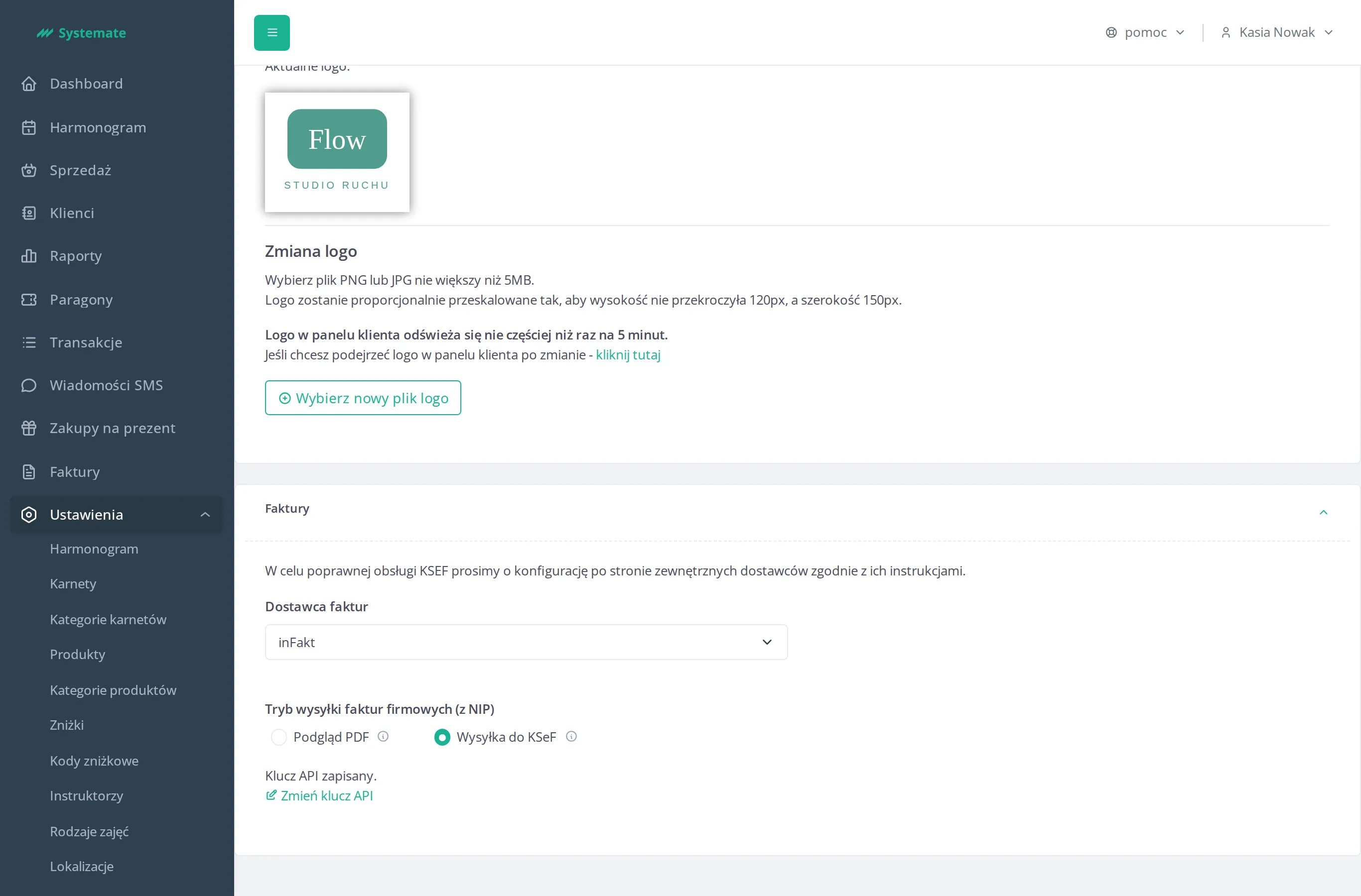 Invoice settings with inFakt selected and the KSeF send mode enabled