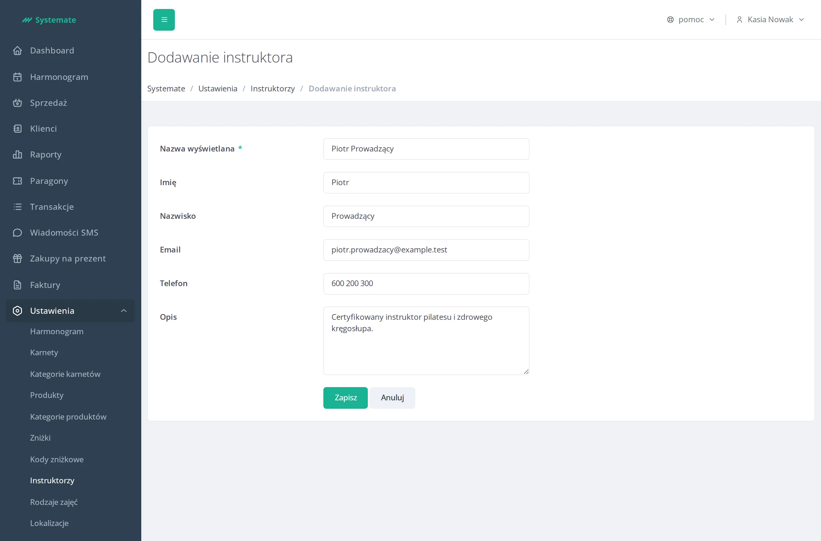 Instructor form in the settings