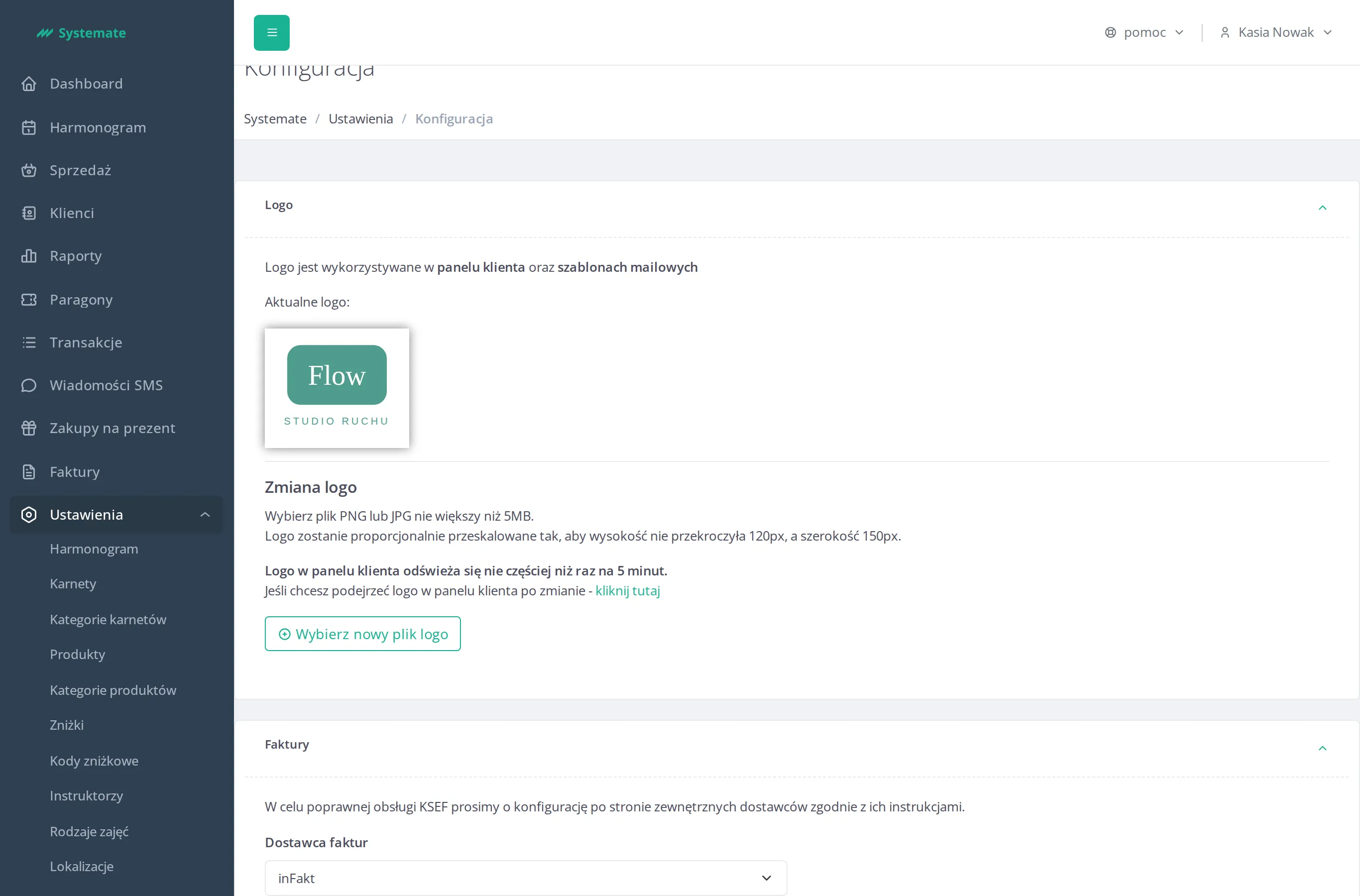 Configuration view with the logo and invoices sections