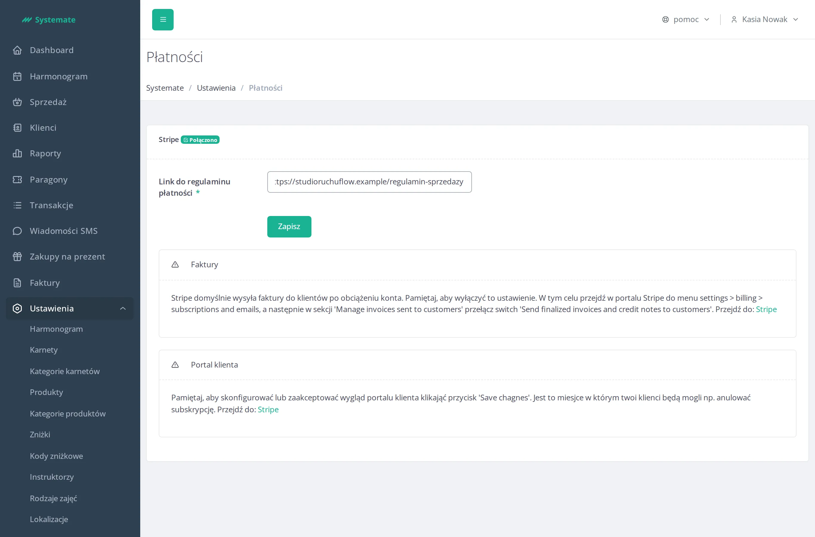 Payments view with a connected Stripe account