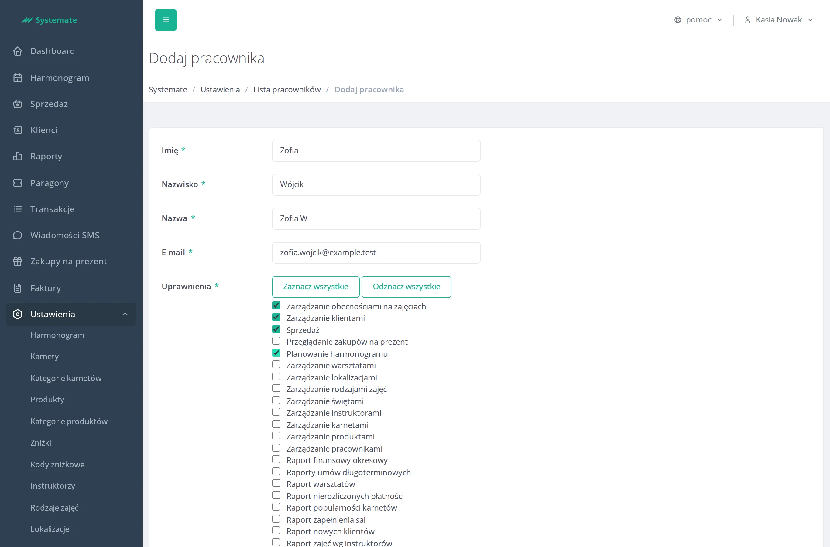 Employee form with the permissions list