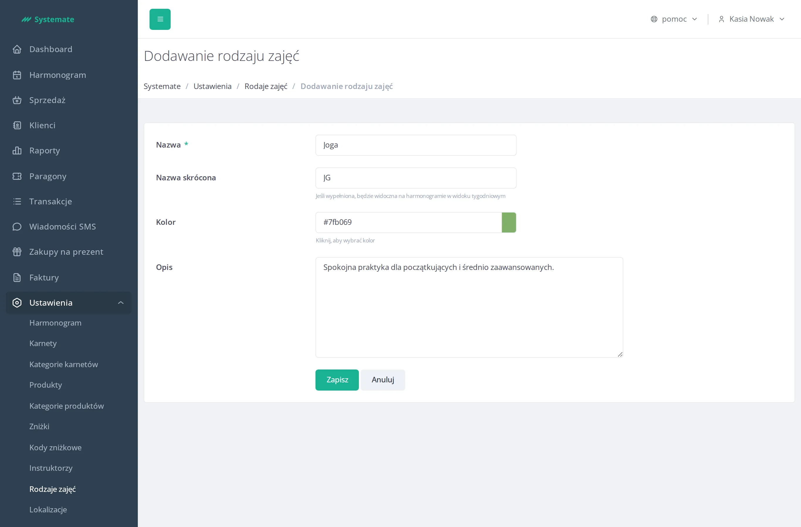 Class type form in the settings