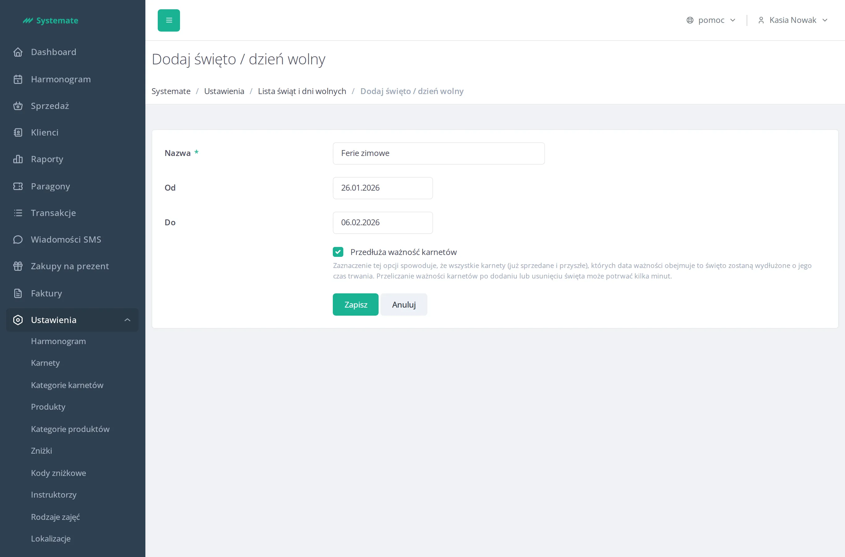 Holiday form in the settings
