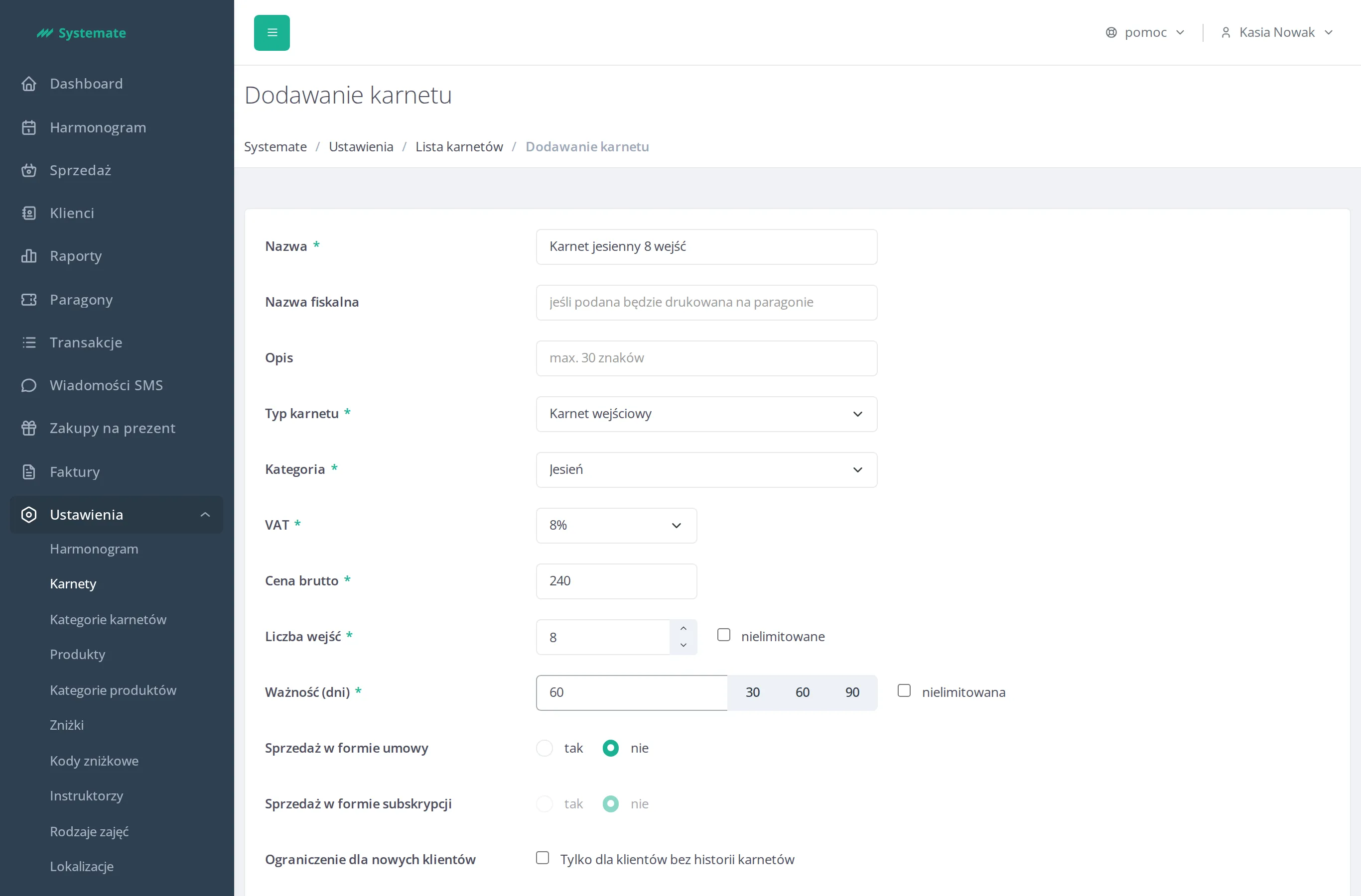Create-pass form in the settings