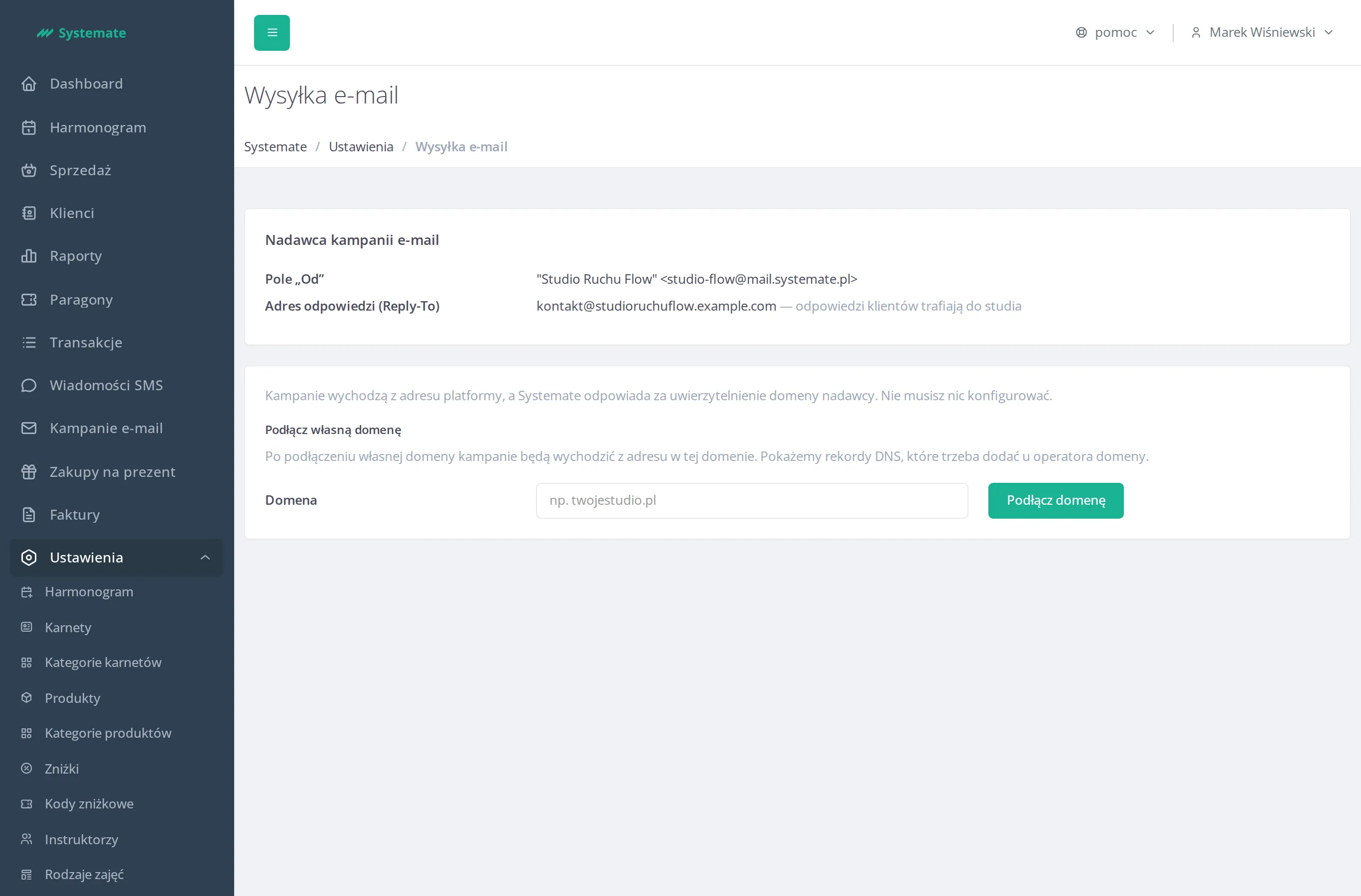 Ekran Wysyłka e-mail z nadawcą platformy i formularzem podłączenia domeny