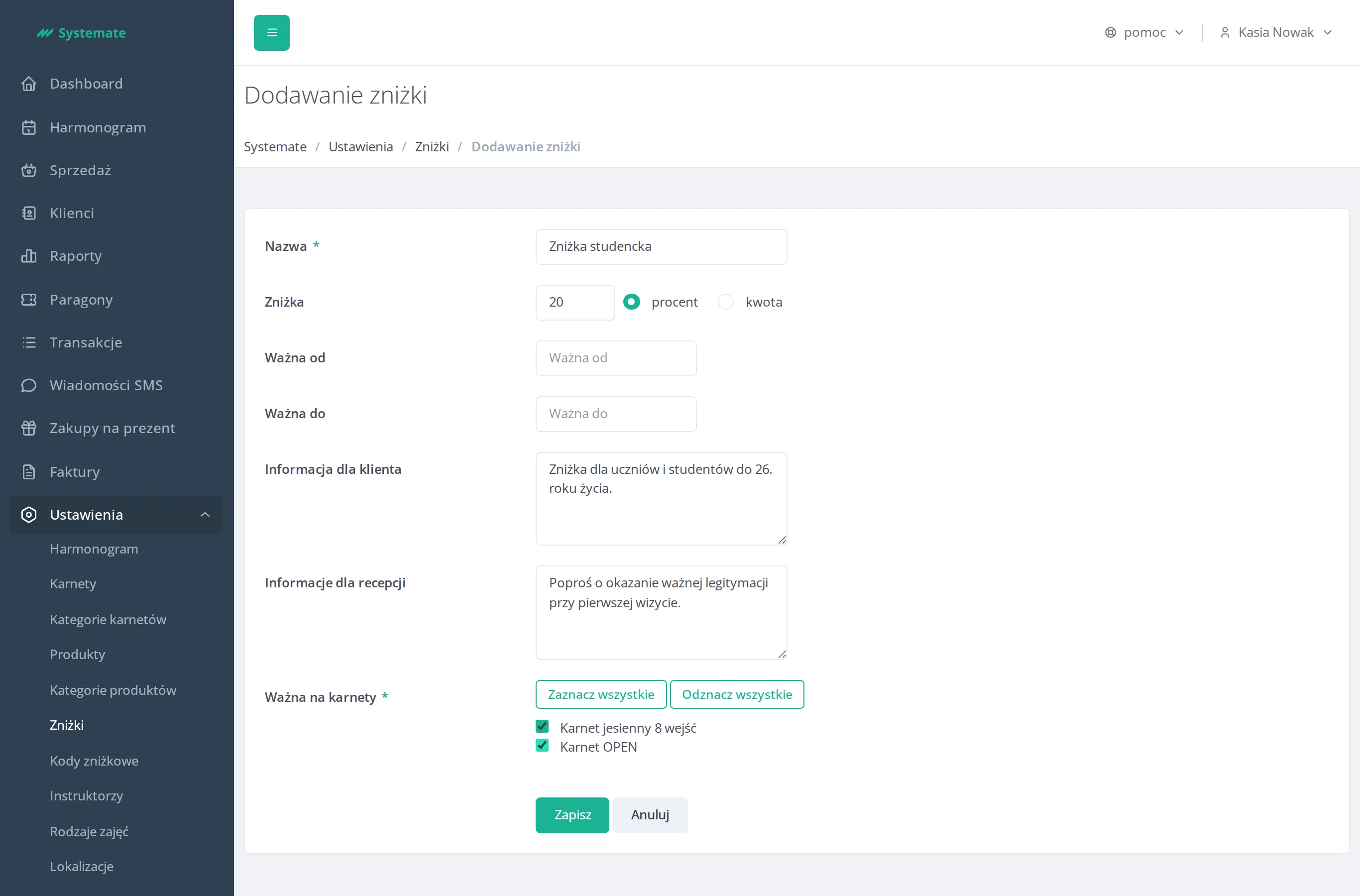 Discount form in the settings