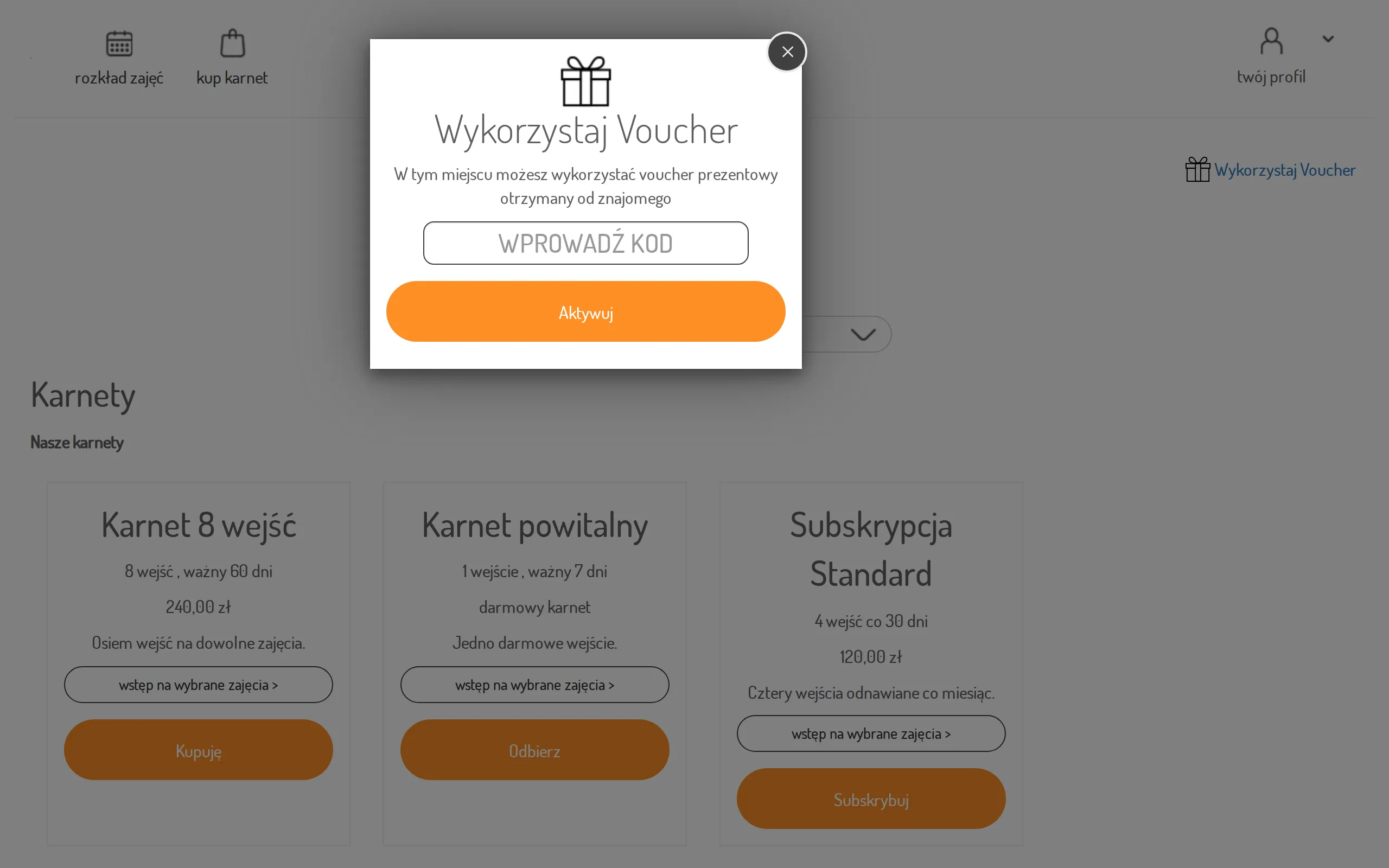 Use Voucher dialog with the code field