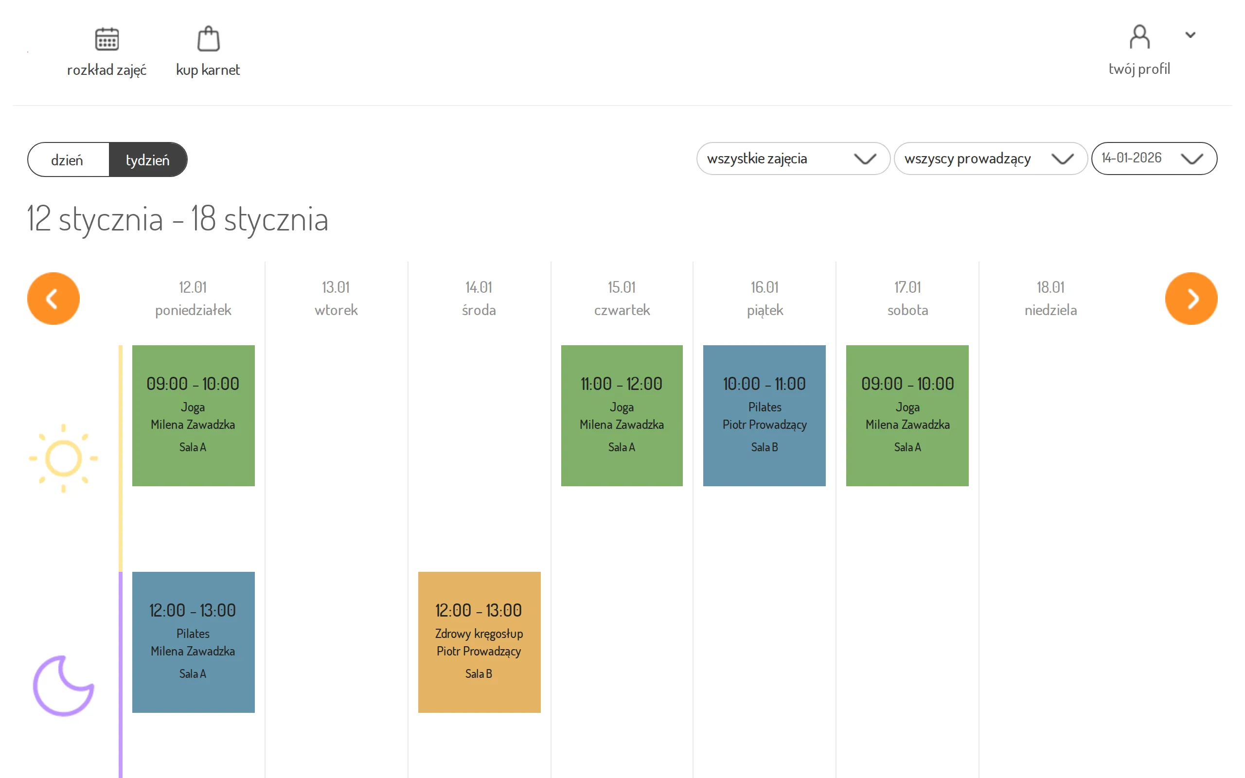 Weekly class schedule in the customer panel